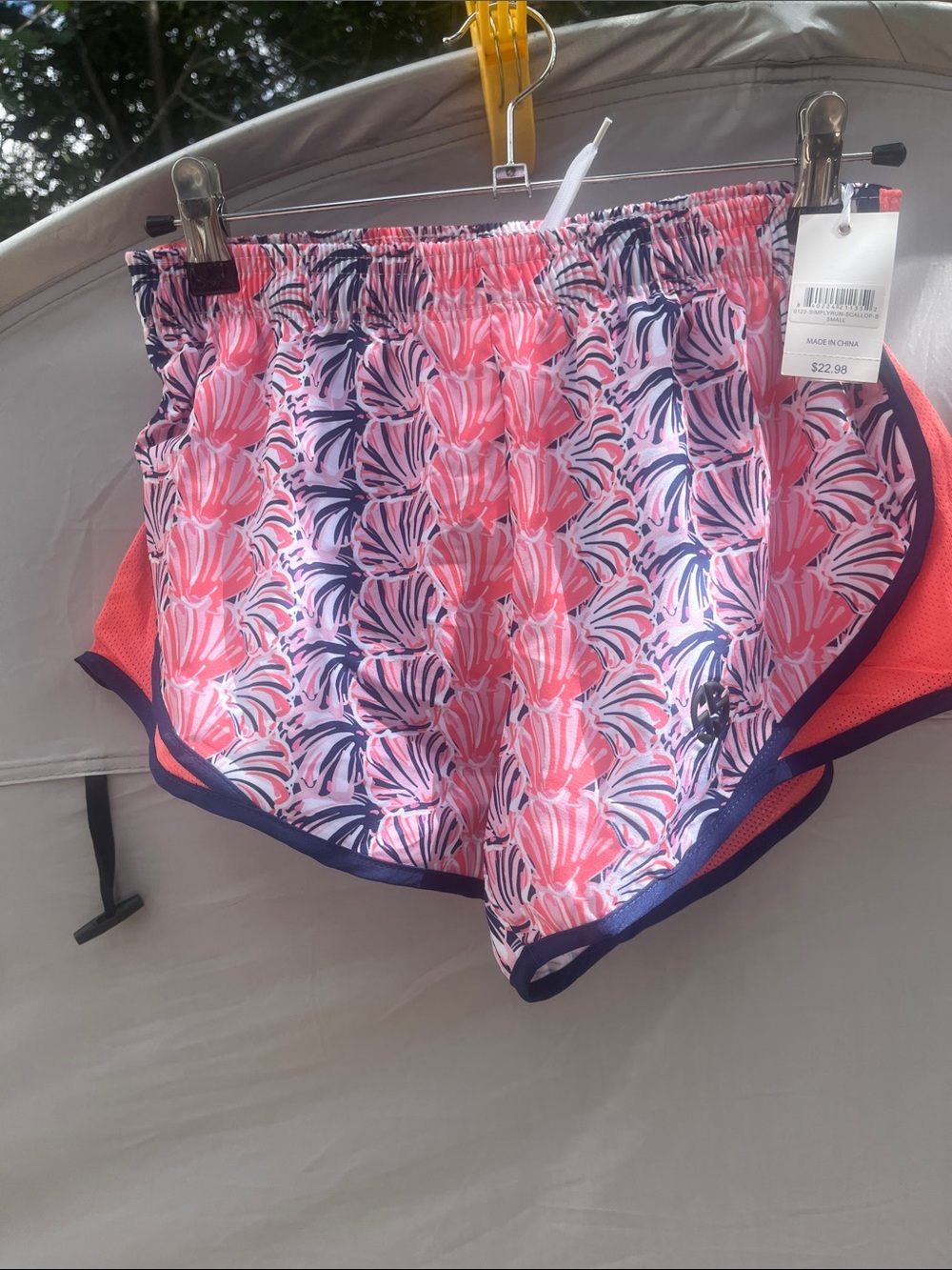Simply Southern Pink Shell-Pattern Athletic Shorts with Navy Trim